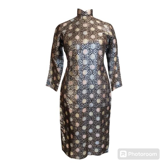 Vintage Multicolored Metallic Asian Cheongsam Jacquard Dress - Picture 2 of 7